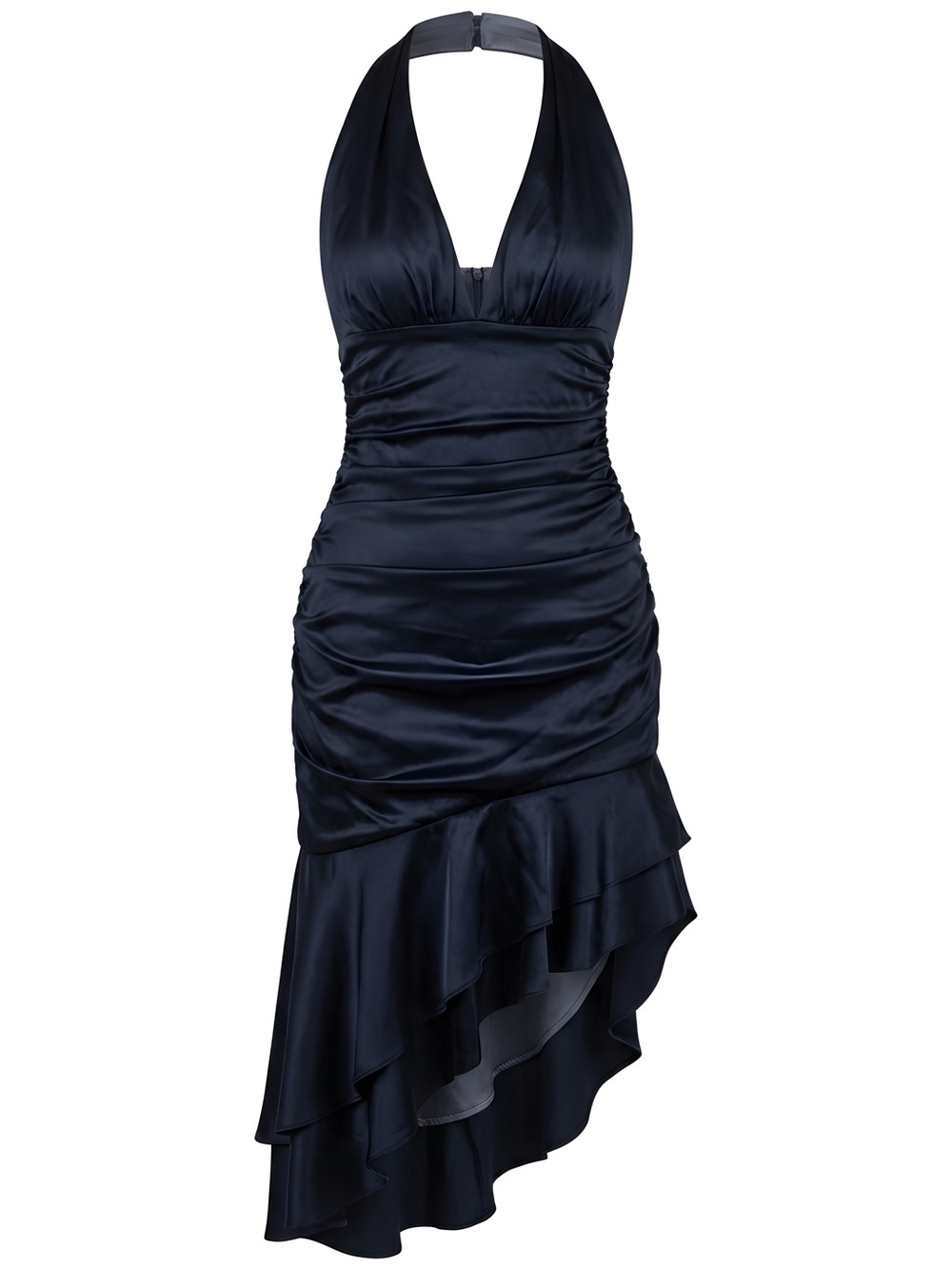 Morgan & Co. Navy Satin Halter Asymmetrical Ruffle Dress